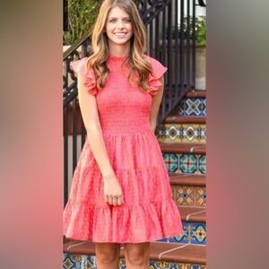 J MARIE NWT Ella Smocked Ruched Tiered Pink/Orange Dress Size Large